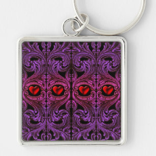Goth Lila Ornament with Heart Fyrkantig Silverfärgad Nyckelring