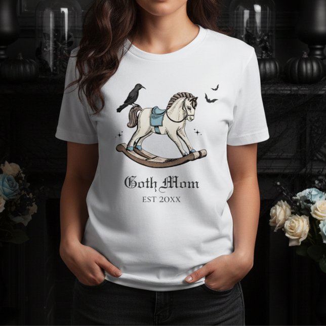 Goth Mamma Blue Victorian Rocking Horse T Shirt (Goth Mom T-Shirt for Gothic Mother to Be. Victorian Rocking Horse, Black Raven, Bats for Halloween )