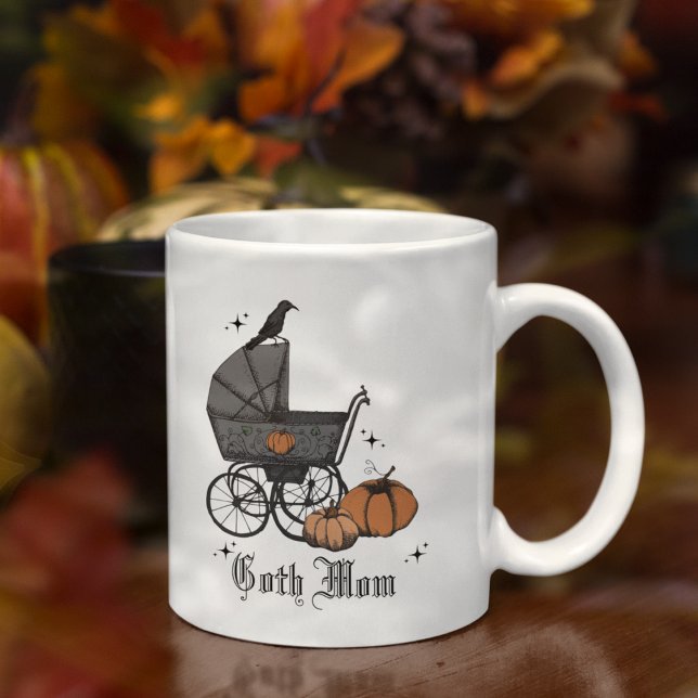 Goth Mamma Halloween Baby Carriage Raven Kaffemugg (Goth MomFall Baby Shower Mug. Elegant Vintage Stroller, Burnt Orange Autumn Pumpkins & Black Crow.)