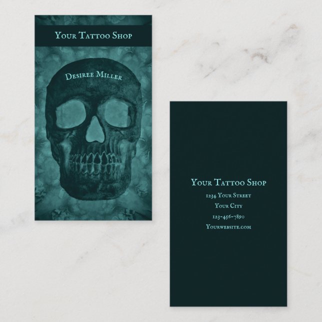 Goth Mörk Teal Skull Tatto Shop Visitkort (Fram/baksida)