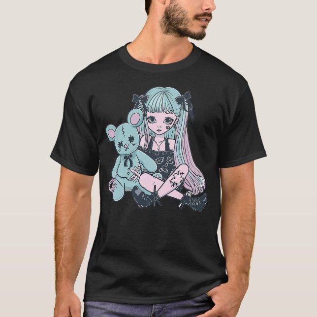 Goth Pastel Kawaii Anime Girl with Voodoo doll Ted T Shirt (Framsida)