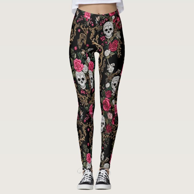 Goth Pink Rose Skalle Tights | Barock Halloween  (Framsida)