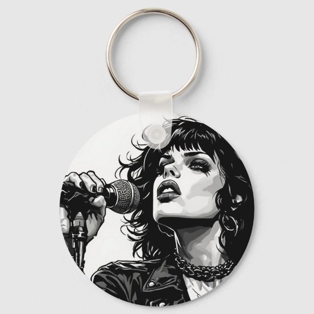 Goth Punk Tjej Sångare Retro Grafisk Konststil Nyckelring (Baksida)