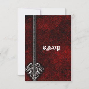 Goth Red Damask Silver Heart bröllop OSA Kort