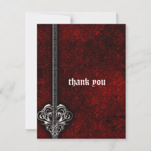 Goth Red Damask Silver Heart bröllop Tack Kort