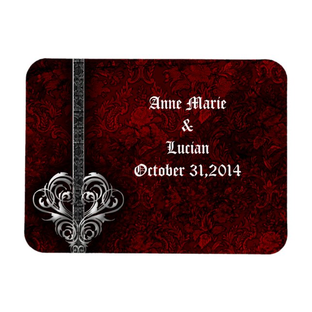 Goth Red Damask Silver Heart spara datumet Magnet (Horisontell)