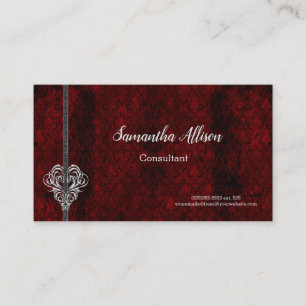 Goth Red Damask Silver Heart Visitkort