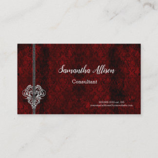 Goth Red Damask Silver Heart Visitkort