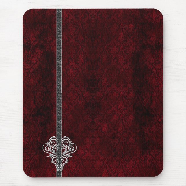 Goth Red Silver Heart Damask Musmatta (Framsidan)