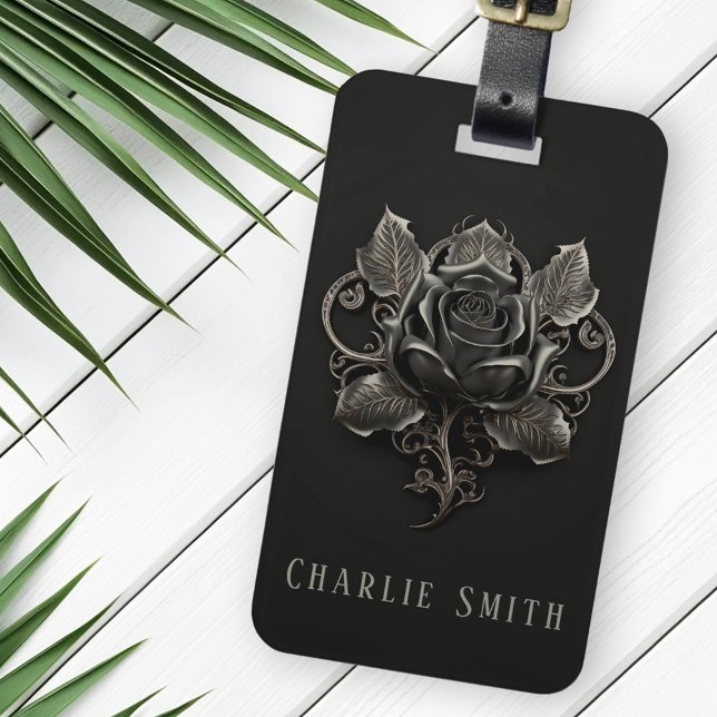 Goth ro-ornament på mörkens bakgrundsnamn bagagebricka (Goth rose ornament on dark background custom name luggage tag)