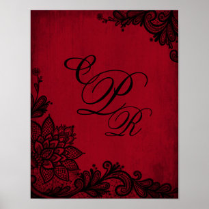 Goth Röd Grunge Svart Spets Bröllopsmonogram Poster