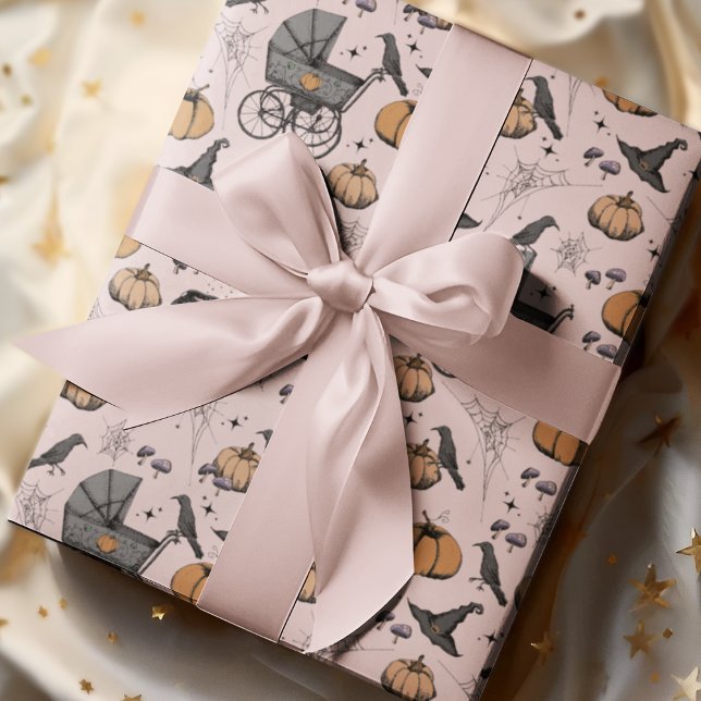 Goth Rosa Baby Carriage Halloween Presentpapper (Pink Spooky yet Elegant Victorian Baby Carriage Halloween Wrapping Paper. Hand-Drawn in Black Ink.)