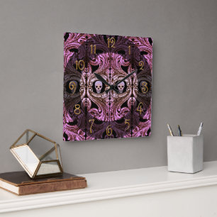 Goth Rosa Ornament med Skull Fyrkantig Klocka