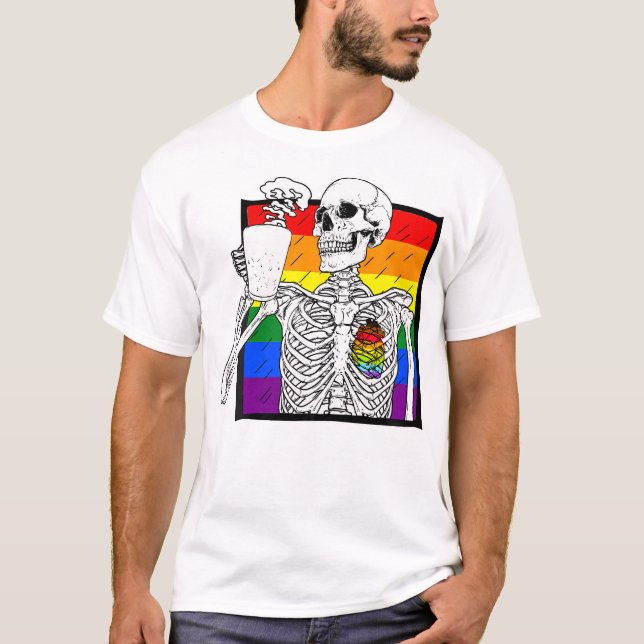 Goth Skeleton Coffee Gay Lesbisk Pride Human Heart T Shirt (Framsida)