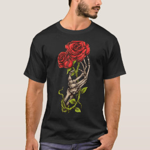 Goth Skeleton Hand Röd ros blommar Kärlek och död T Shirt
