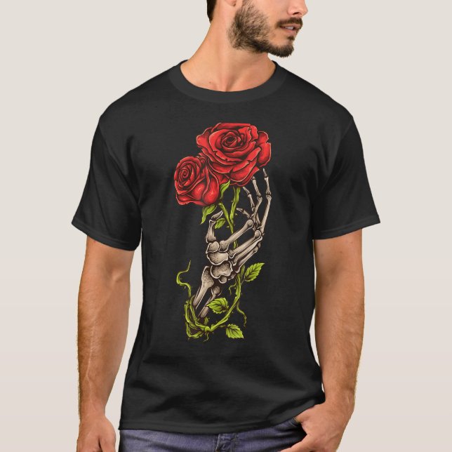 Goth Skeleton Hand Röd ros blommar Kärlek och död T Shirt (Framsida)