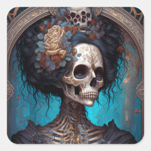 Goth Skeleton Skull Woman Gothic Fyrkantigt Klistermärke