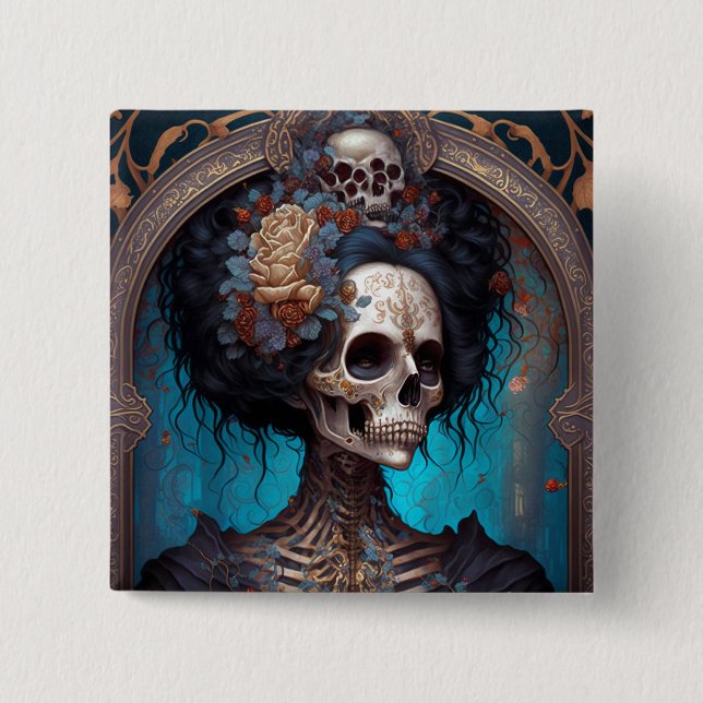 Goth Skeleton Skull Woman Gothic Knapp (Framsida)