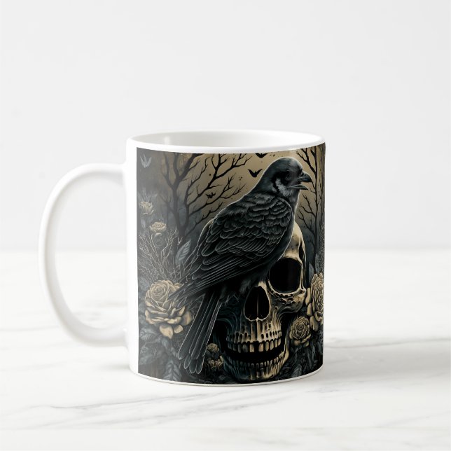 Goth Skull Art with Raven Design Kaffemugg (Vänster)