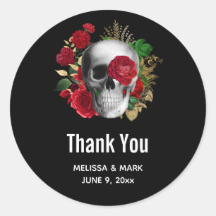 Goth Skull med Red Flowers Bröllop Tack Runt Klistermärke
