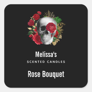 Goth Skull med Red Flowers Candle Biz Square Fyrkantigt Klistermärke
