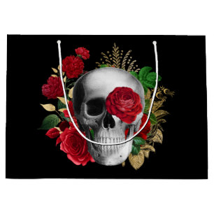 Goth Skull med Red Flowers & Guld Löv