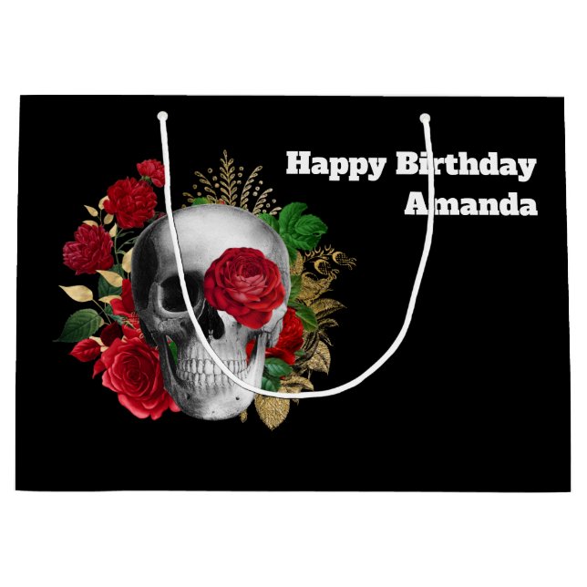 Goth Skull med Red Flowers & Guld Löv Birthday (Framsidan)