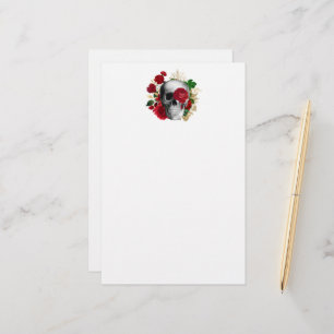 Goth Skull med Red Flowers & Guld Löv Brevpapper