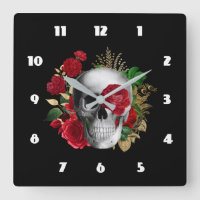 Goth Skull med Red Flowers & Guld Löv