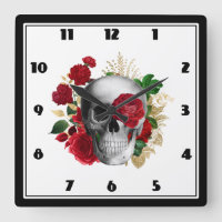 Goth Skull med Red Flowers & Guld Löv