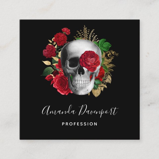 Goth Skull med Red Flowers & Guld Löv Fyrkantigt Visitkort (Framsida)