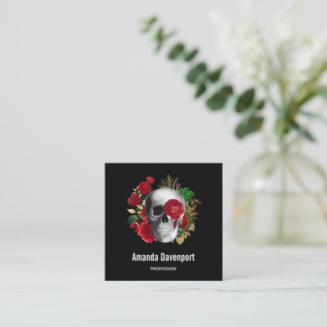 Goth Skull med Red Flowers & Guld Löv Fyrkantigt Visitkort (Stående Fram)