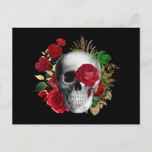Goth Skull med Red Flowers & Guld Löv Helg Vykort