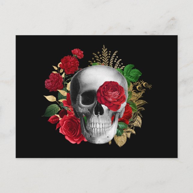 Goth Skull med Red Flowers & Guld Löv Helg Vykort (Framsida)
