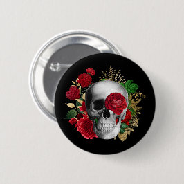 Goth Skull med Red Flowers & Guld Löv Knapp
