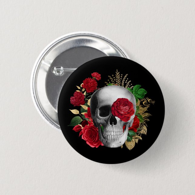Goth Skull med Red Flowers & Guld Löv Knapp (Framsida & baksida)