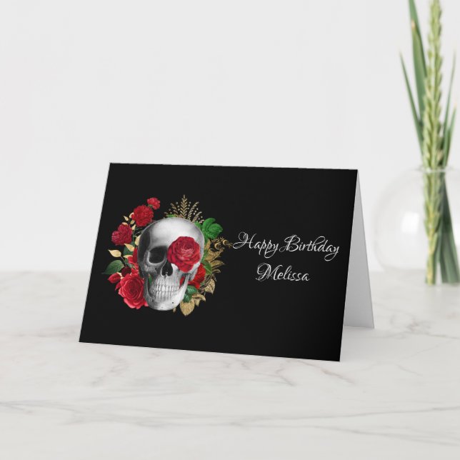 Goth Skull med Red Flowers & Guld Löv Kort (Framsida)