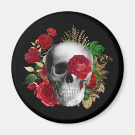 Goth Skull med Red Flowers & Guld Löv Magnet