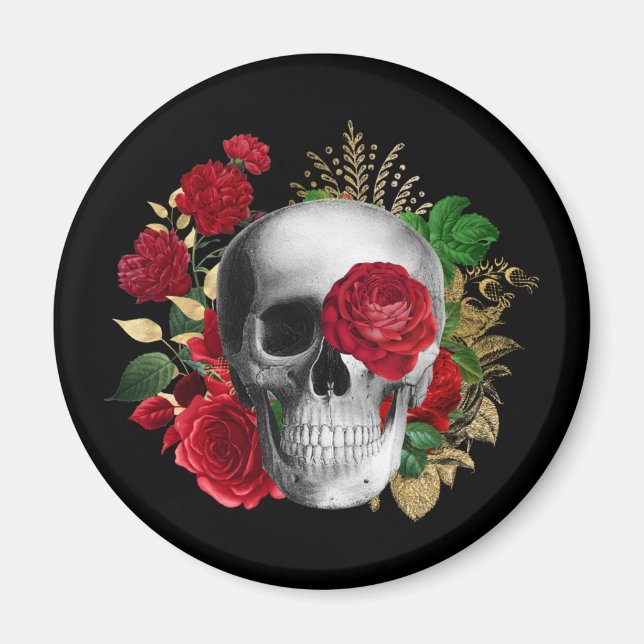 Goth Skull med Red Flowers & Guld Löv Magnet (Framsidan)