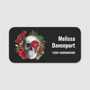 Goth Skull med Red Flowers & Guld Löv Namnbricka