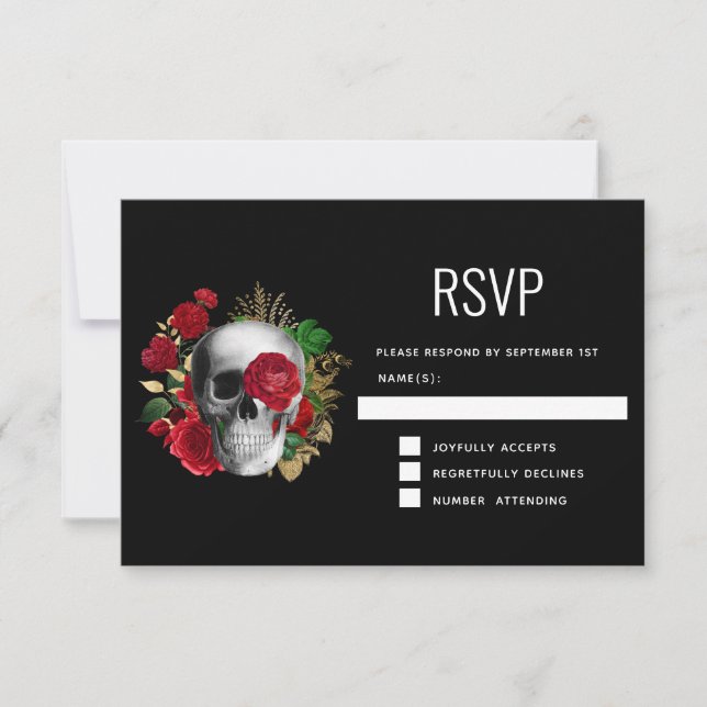 Goth Skull med Red Flowers & Guld Löv OSA Kort (Framsida)