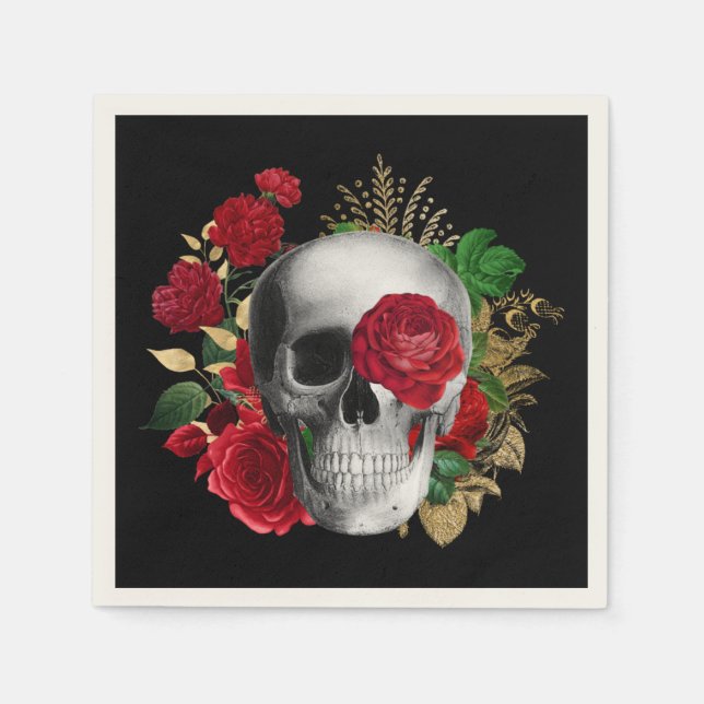 Goth Skull med Red Flowers & Guld Löv Pappersservett (Framsidan)