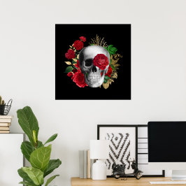 Goth Skull med Red Flowers & Guld Löv Poster