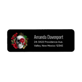 Goth Skull med Red Flowers & Guld Löv Returadress Etikett