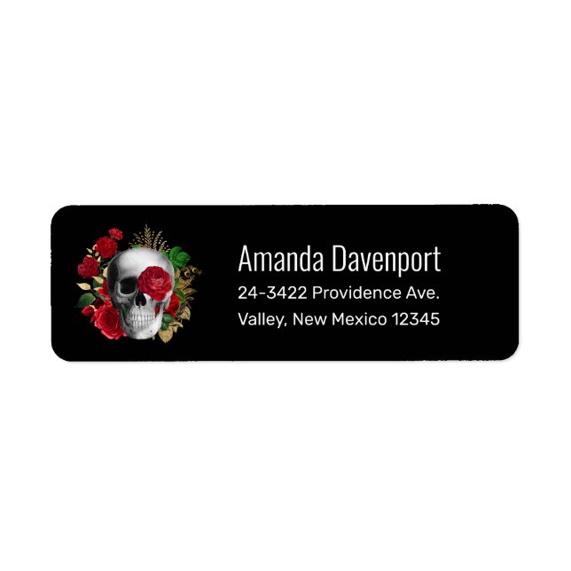 Goth Skull med Red Flowers & Guld Löv Returadress Etikett (Framsidan)