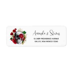 Goth Skull med Red Flowers & Guld Löv Returadress Etikett