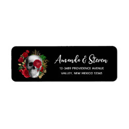 Goth Skull med Red Flowers & Guld Löv Returadress Etikett