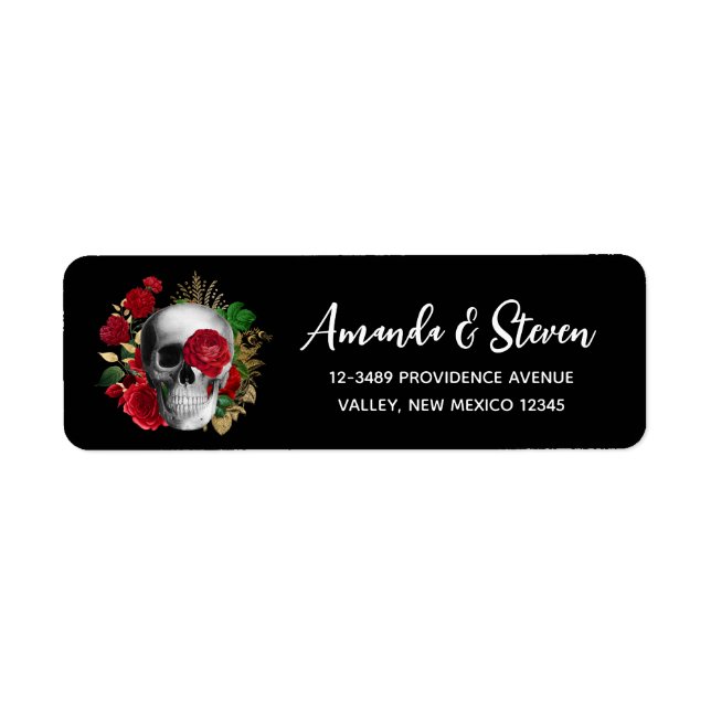 Goth Skull med Red Flowers & Guld Löv Returadress Etikett (Framsidan)