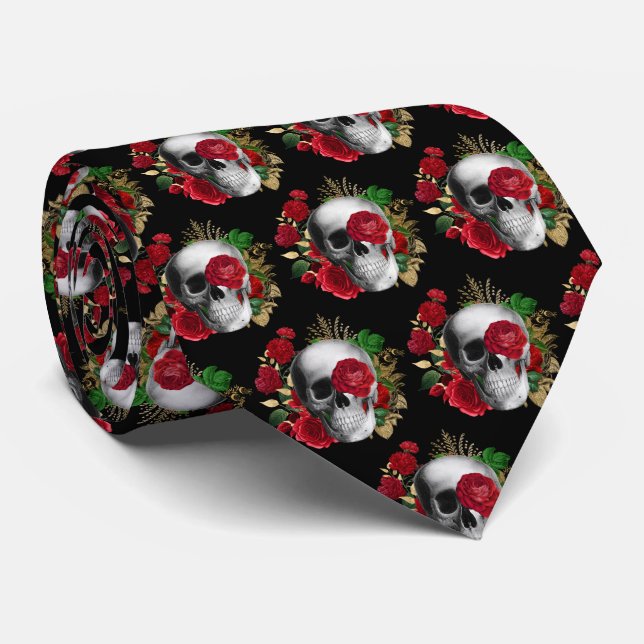 Goth Skull med Red Flowers & Guld Löv Slips (Rullad)