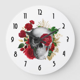 Goth Skull med Red Flowers & Guld Löv Stor Klocka